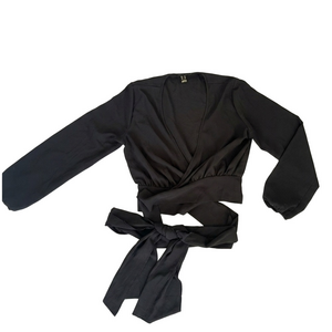 Women’s Low Plunge Sexy Black Wrap Crop with Tie Around Waist Size XS